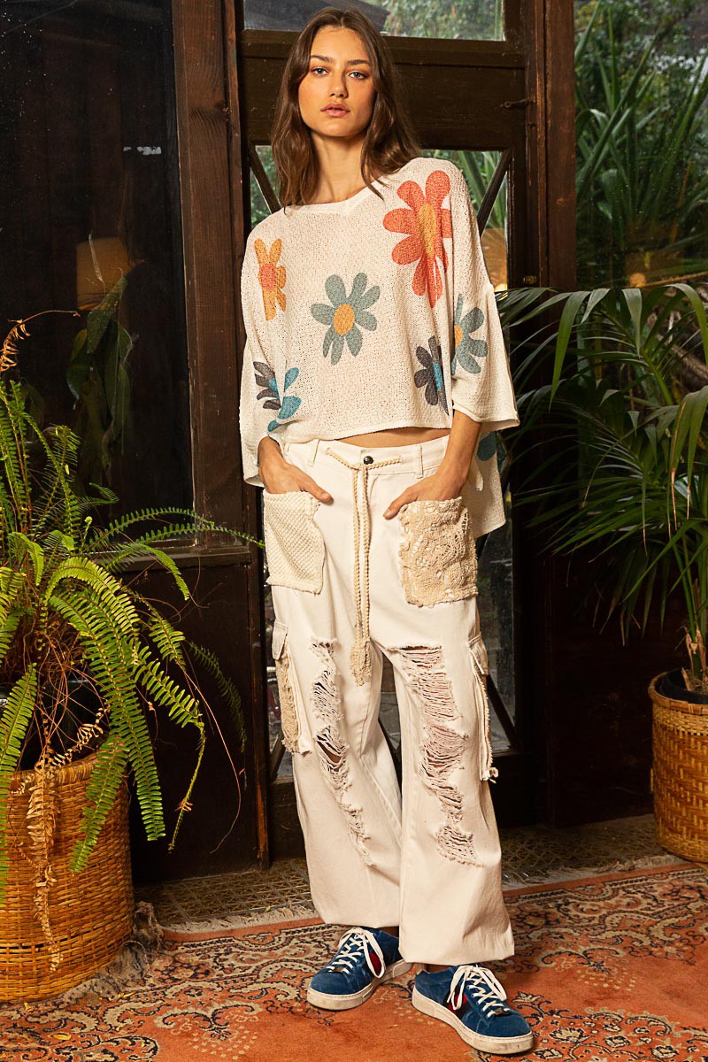 POL V-Neck Colorful Flower Print Light Weight Sweater Top