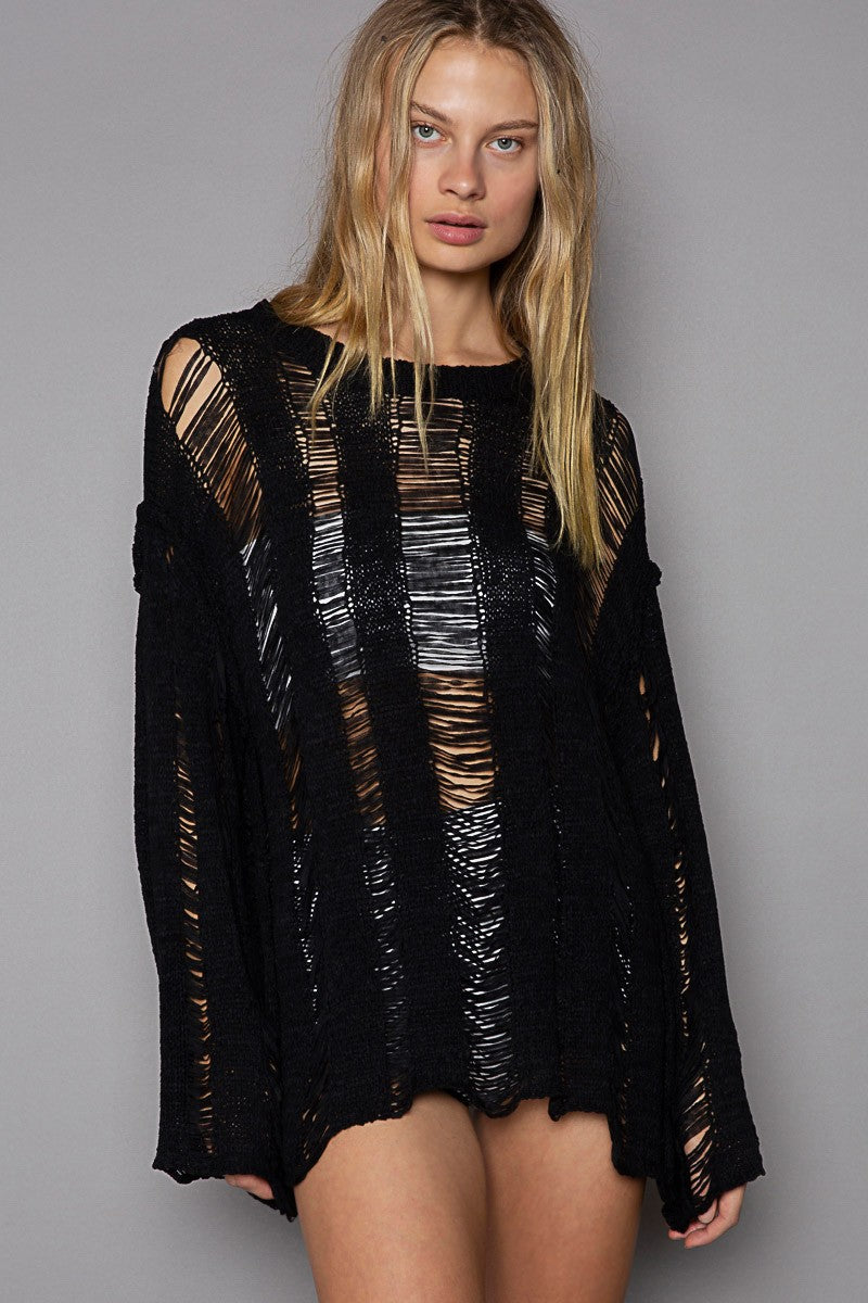 POL Distressed Knitted Round Neck Long Sleeve Sweater Top