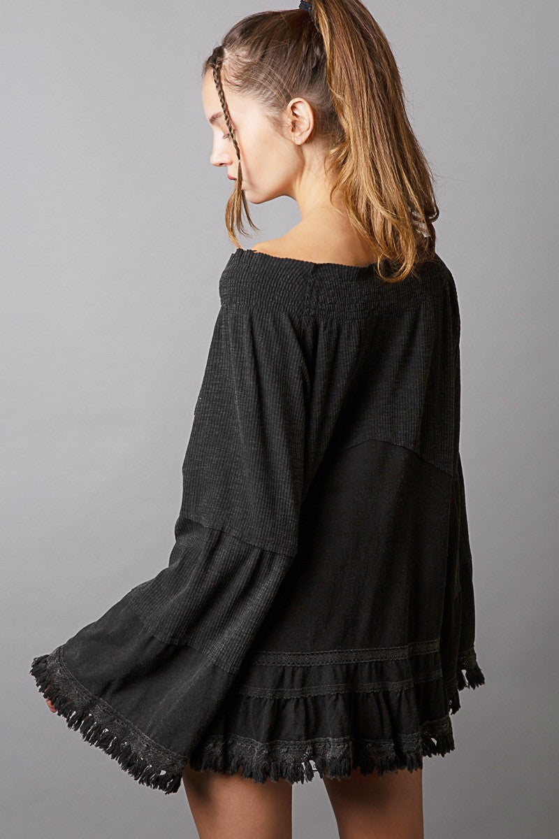 POL Oversize Notched Neck Ruffle Long Sleeve Tunic Top