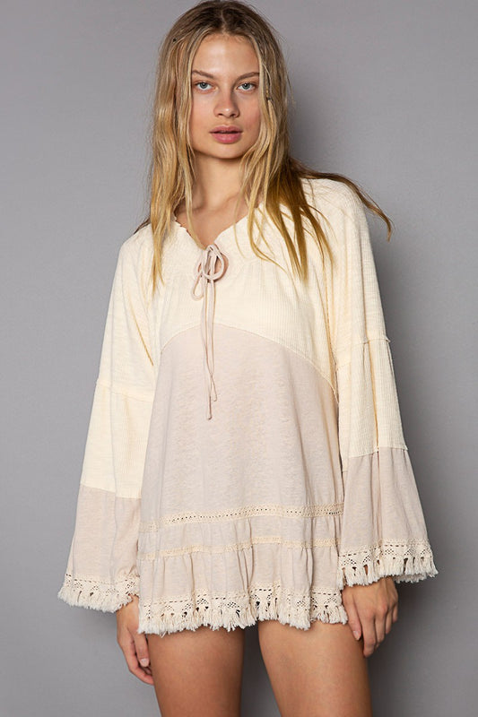 POL Oversize Notched Neck Ruffle Long Sleeve Tunic Top