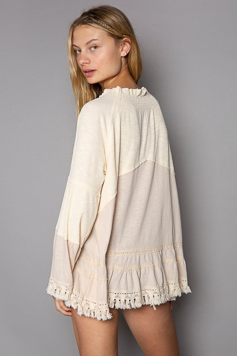 POL Oversize Notched Neck Ruffle Long Sleeve Tunic Top