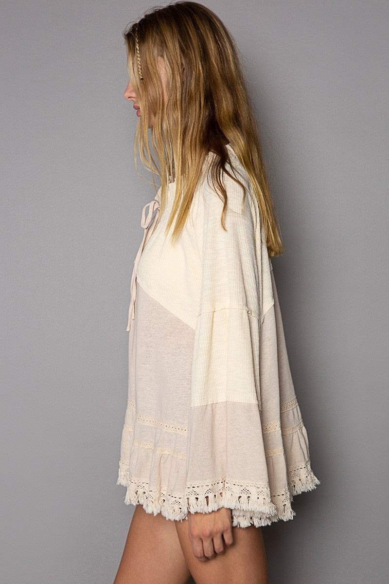 POL Oversize Notched Neck Ruffle Long Sleeve Tunic Top