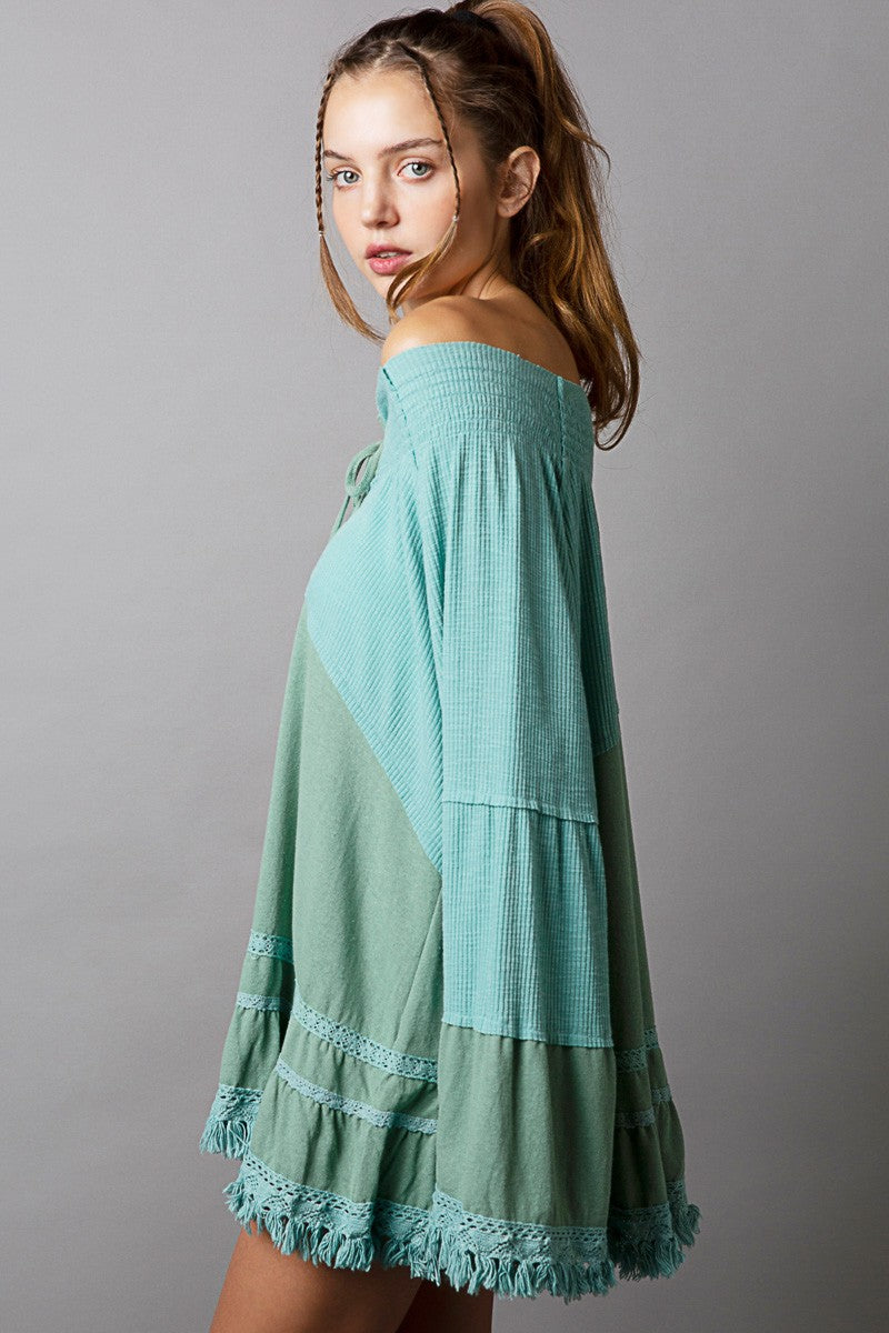 POL Oversize Notched Neck Ruffle Long Sleeve Tunic Top