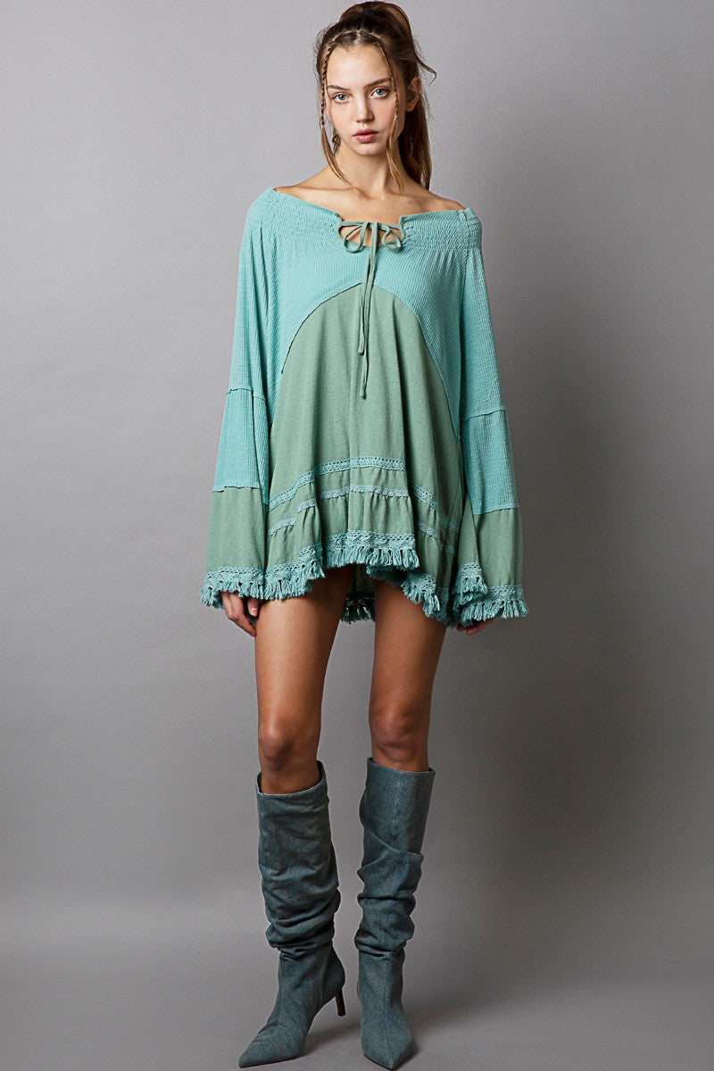 POL Oversize Notched Neck Ruffle Long Sleeve Tunic Top