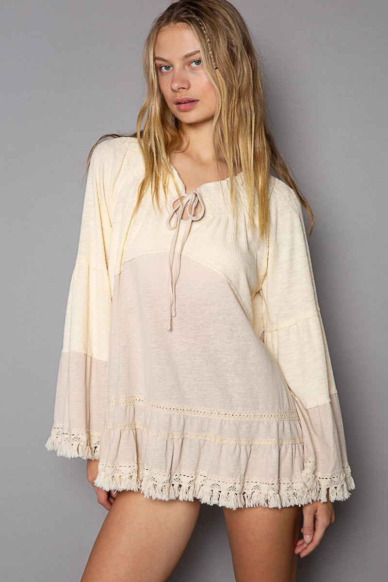 POL Oversize Notched Neck Ruffle Long Sleeve Tunic Top