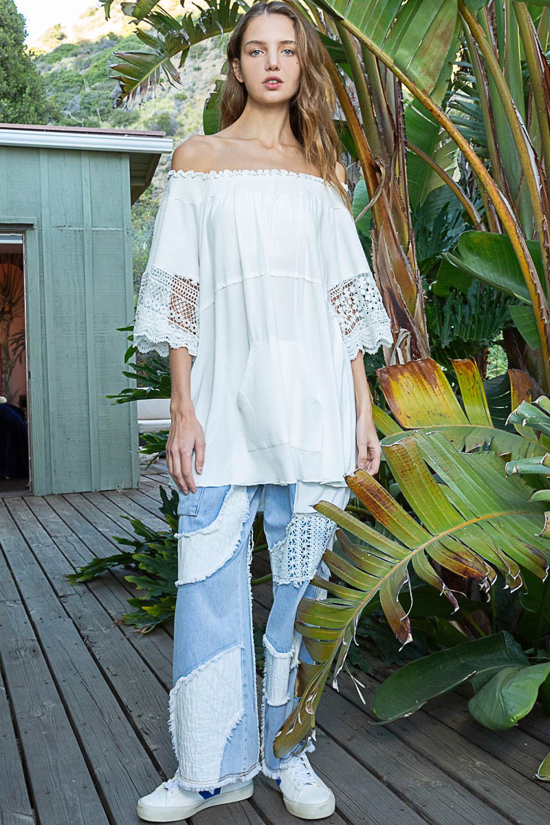 POL Off Shoulder Crochet Detail Short Sleeve Knit Top