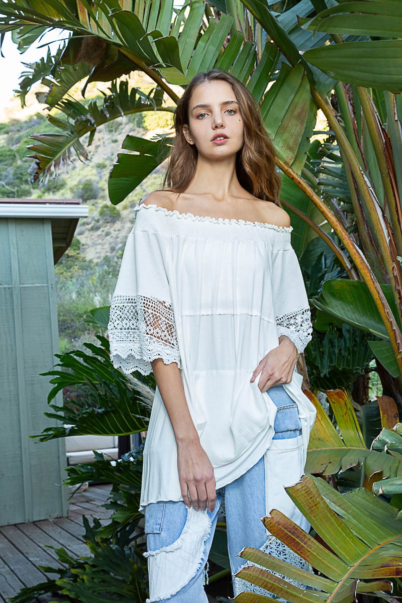 POL Off Shoulder Crochet Detail Short Sleeve Knit Top