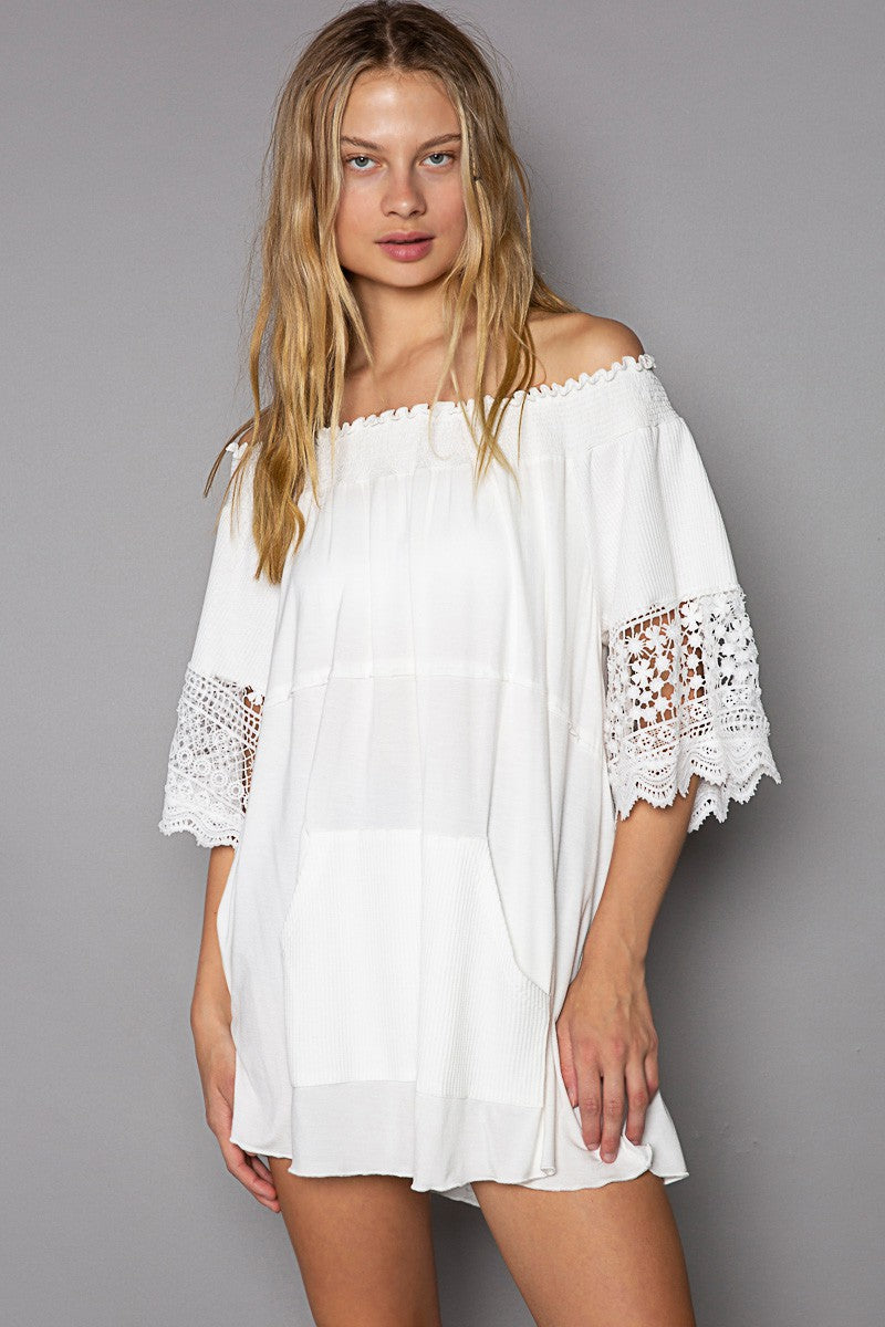 POL Off Shoulder Crochet Detail Short Sleeve Knit Top