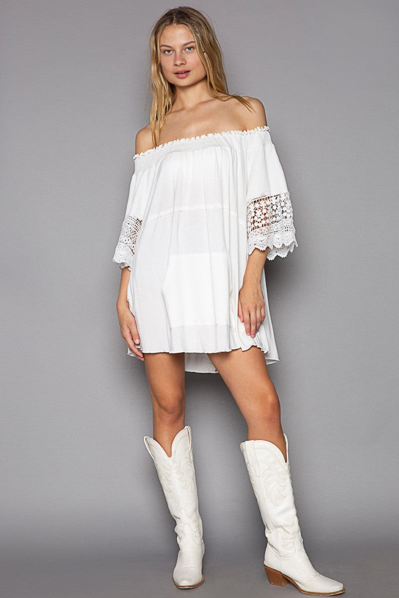 POL Off Shoulder Crochet Detail Short Sleeve Knit Top