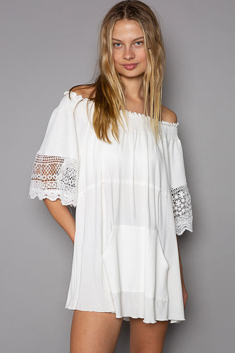 POL Off Shoulder Crochet Detail Short Sleeve Knit Top