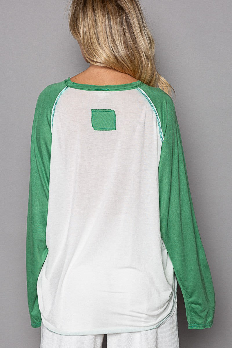 POL Oversize Raglan Long Sleeve Star Patch Front Top
