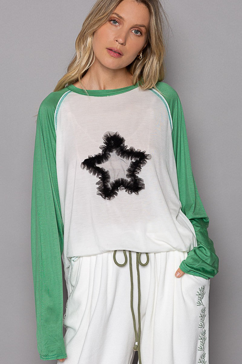 POL Oversize Raglan Long Sleeve Star Patch Front Top