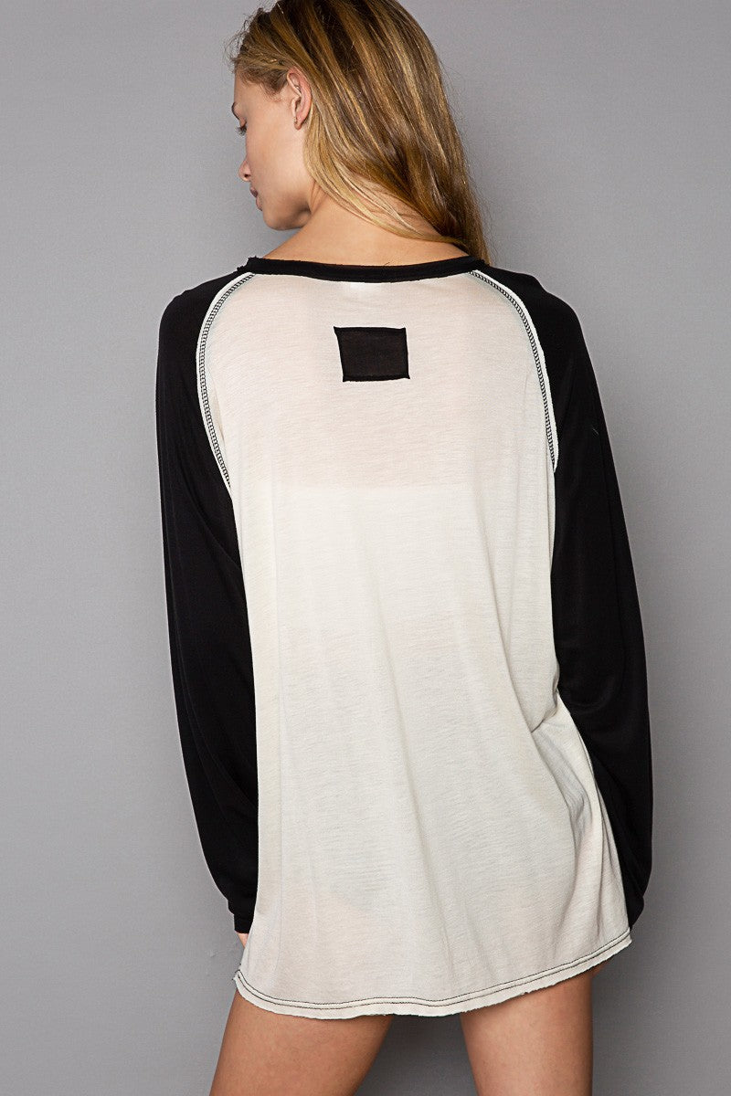 POL Oversize Raglan Long Sleeve Star Patch Front Top