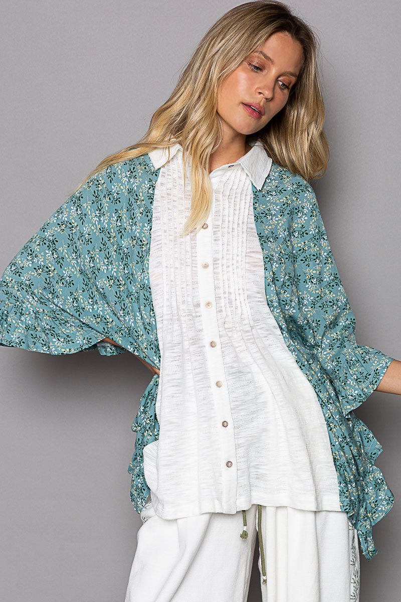 POL Drop Shoulder Floral Print Ruffle Button Down Top