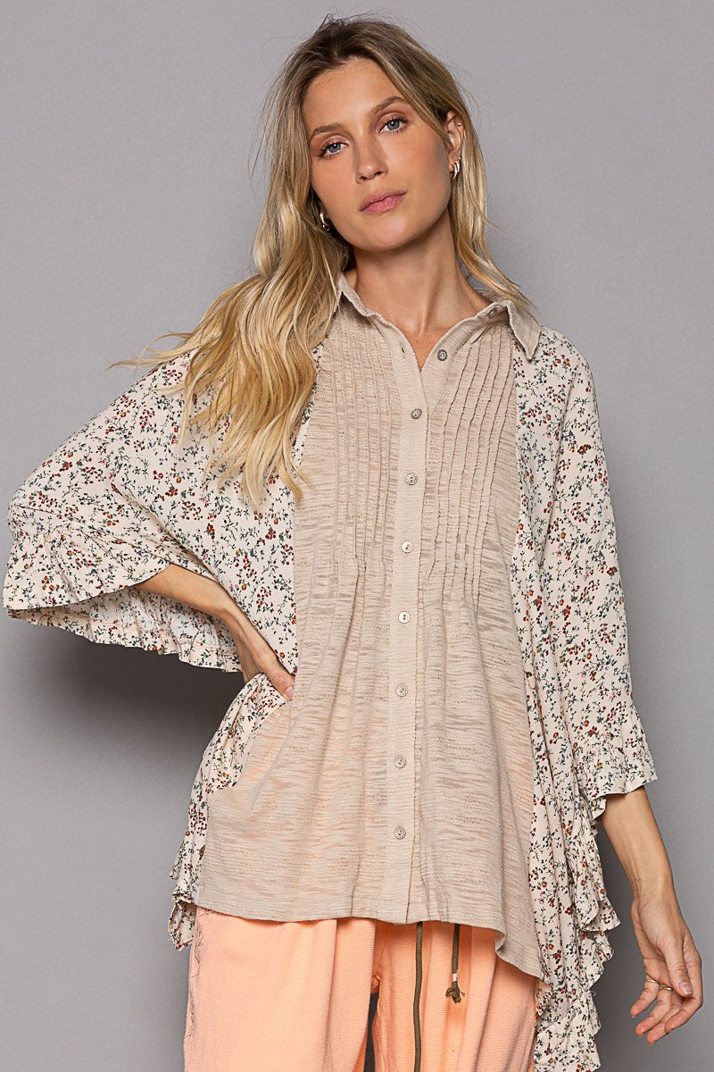 POL Drop Shoulder Floral Print Ruffle Button Down Top
