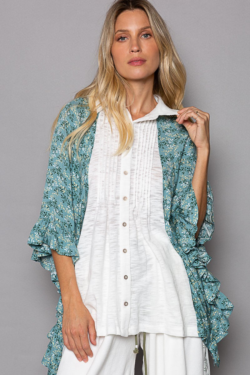 POL Drop Shoulder Floral Print Ruffle Button Down Top