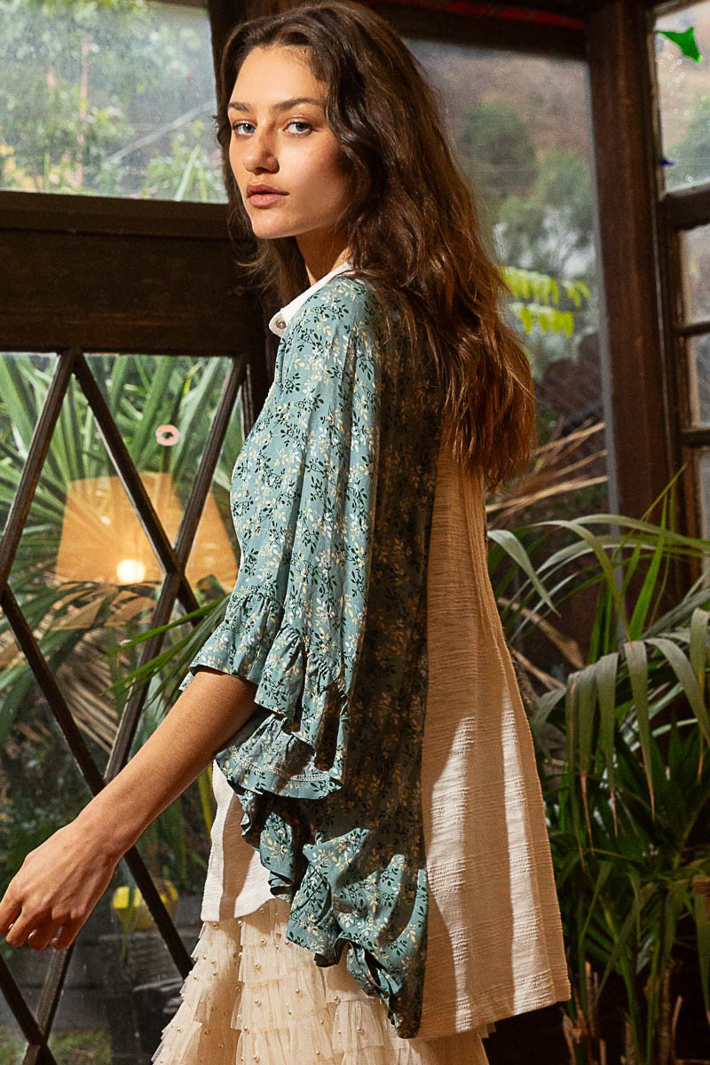 POL Drop Shoulder Floral Print Ruffle Button Down Top