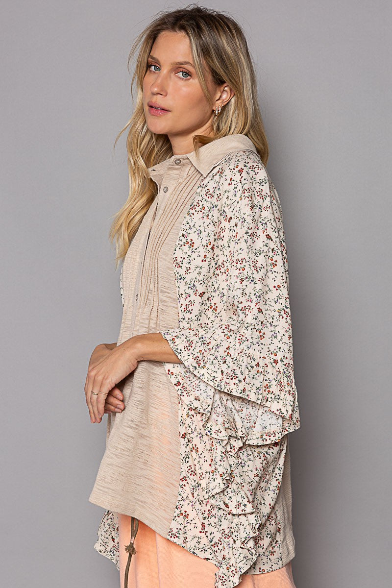 POL Drop Shoulder Floral Print Ruffle Button Down Top