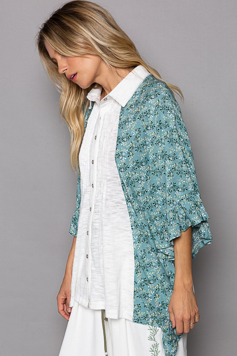 POL Drop Shoulder Floral Print Ruffle Button Down Top