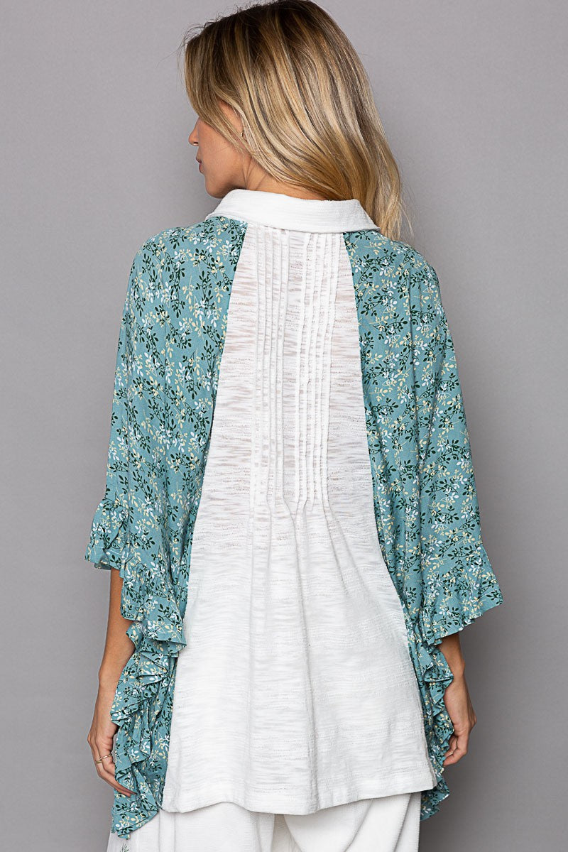 POL Drop Shoulder Floral Print Ruffle Button Down Top