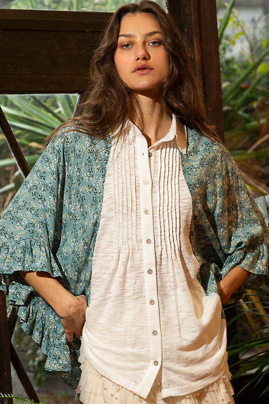 POL Drop Shoulder Floral Print Ruffle Button Down Top