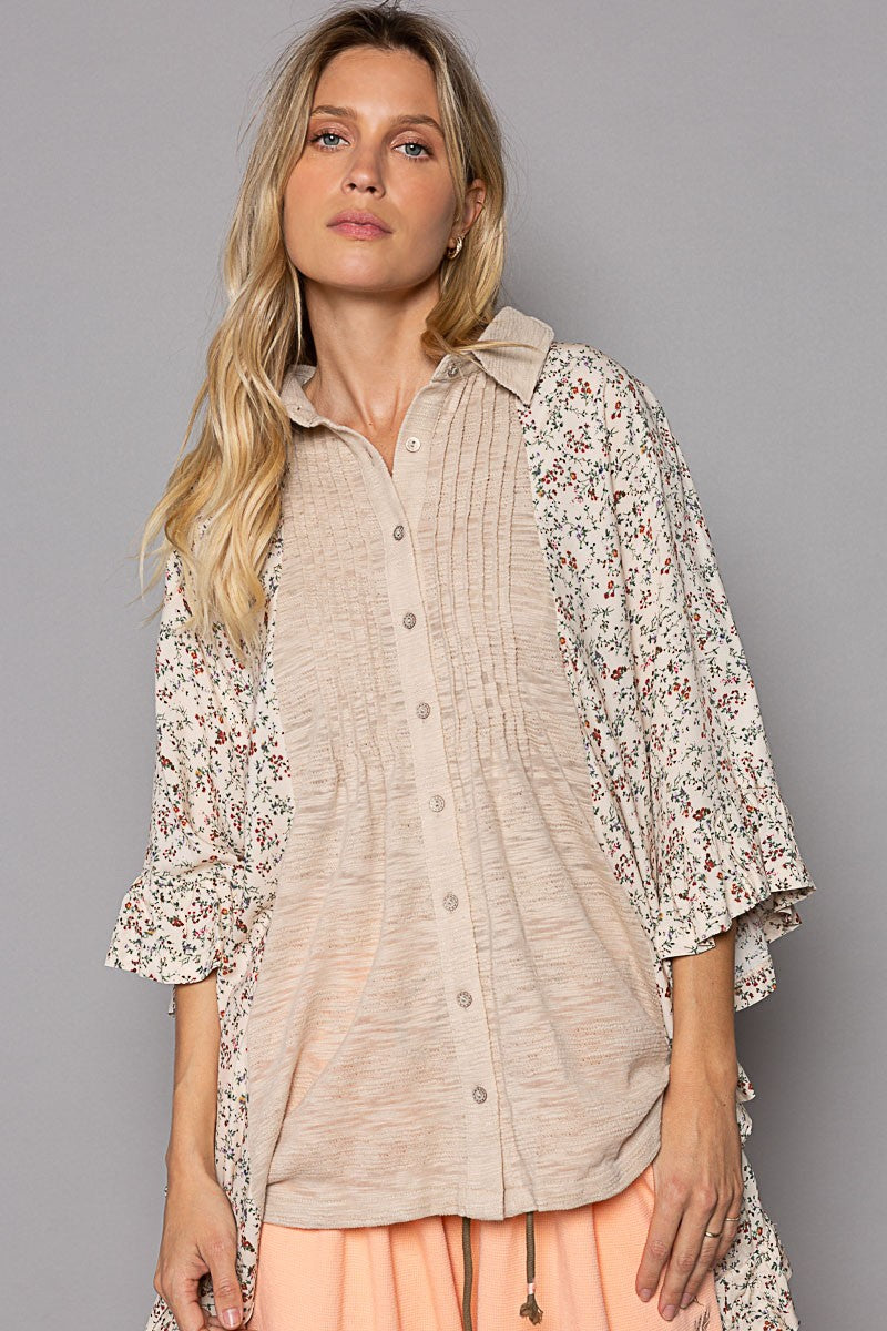 POL Drop Shoulder Floral Print Ruffle Button Down Top
