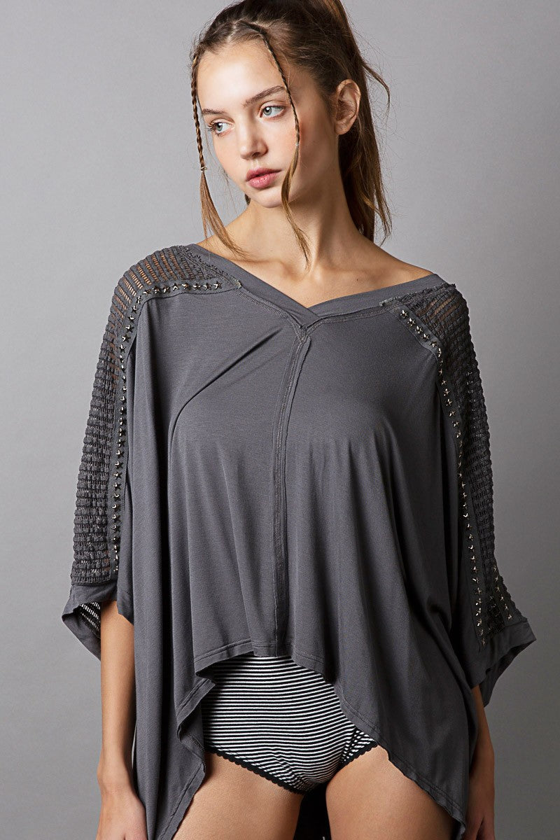 POL Oversize V Neck Crochet Lace Contrast Studded Top