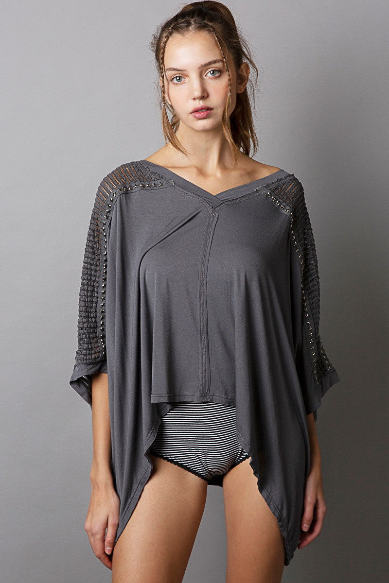 POL Oversize V Neck Crochet Lace Contrast Studded Top