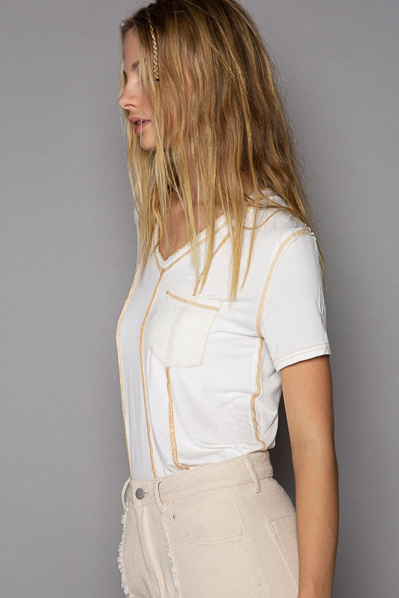 POL Mixed Woven Short Sleeve Front Pocket V Neck Top