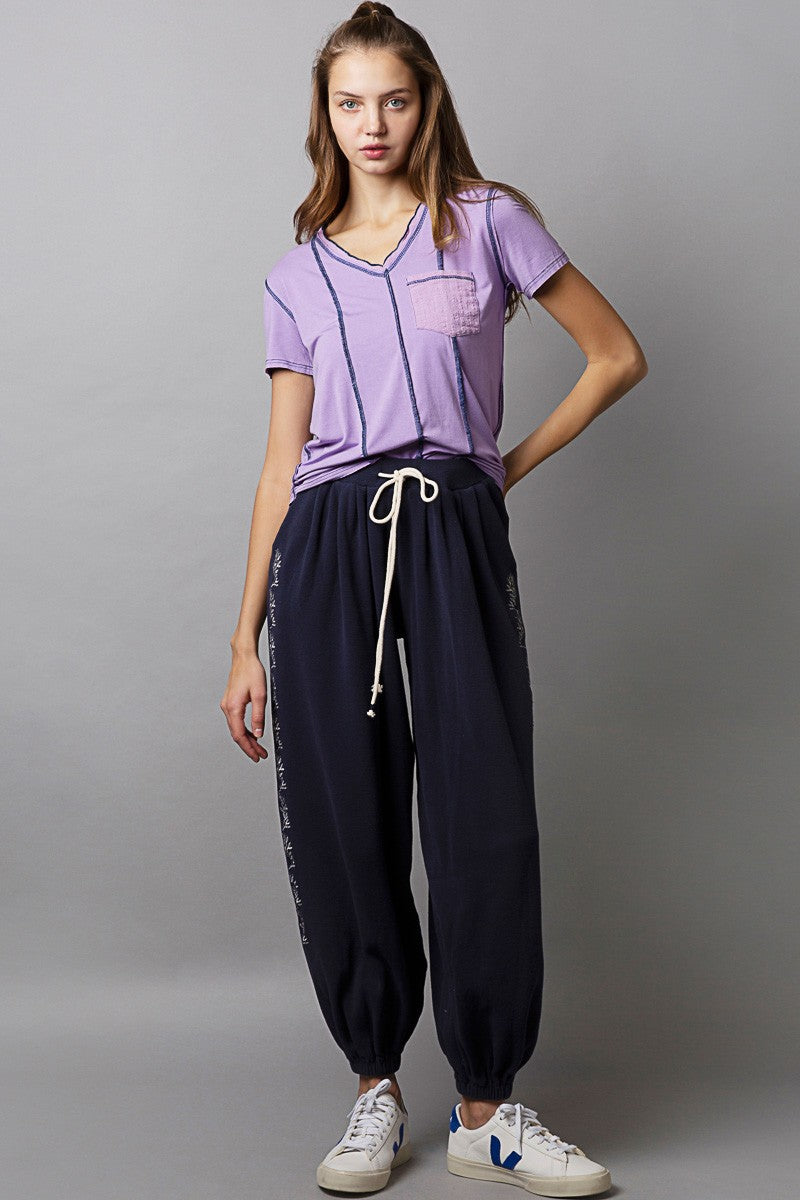 POL Mixed Woven Short Sleeve Front Pocket V Neck Top