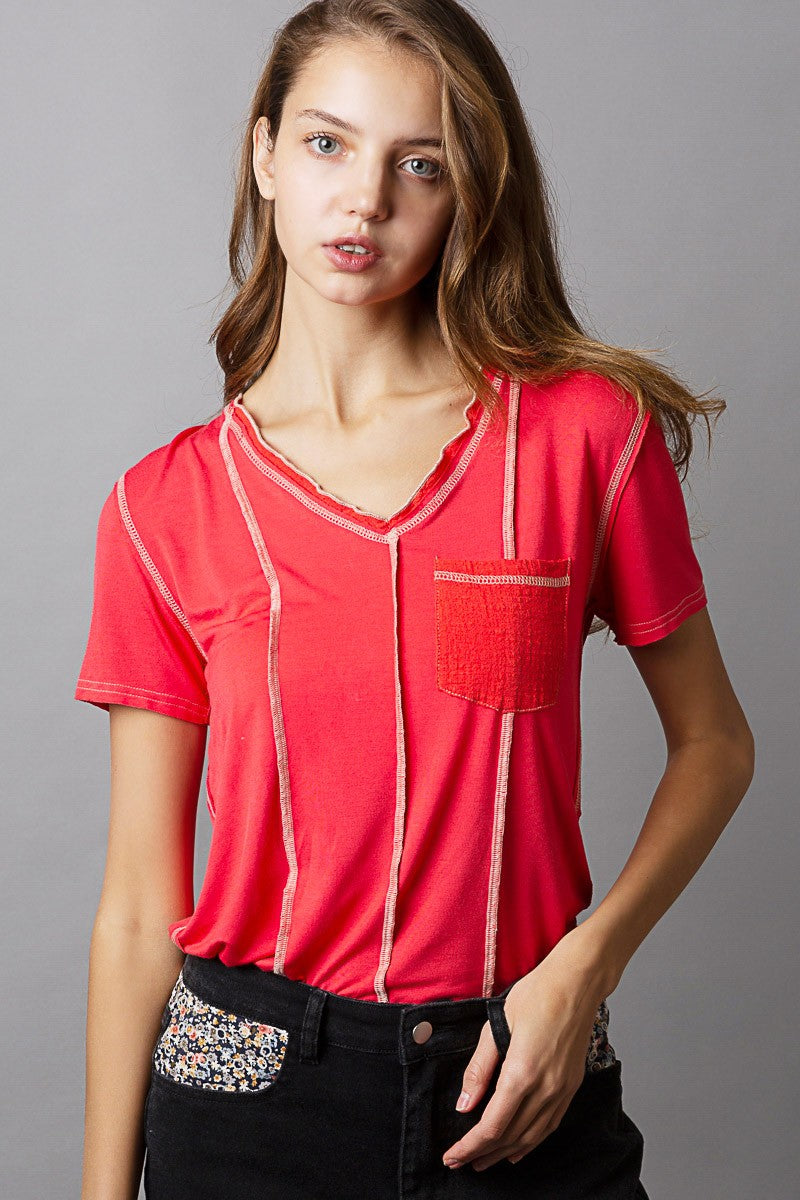 POL Mixed Woven Short Sleeve Front Pocket V Neck Top