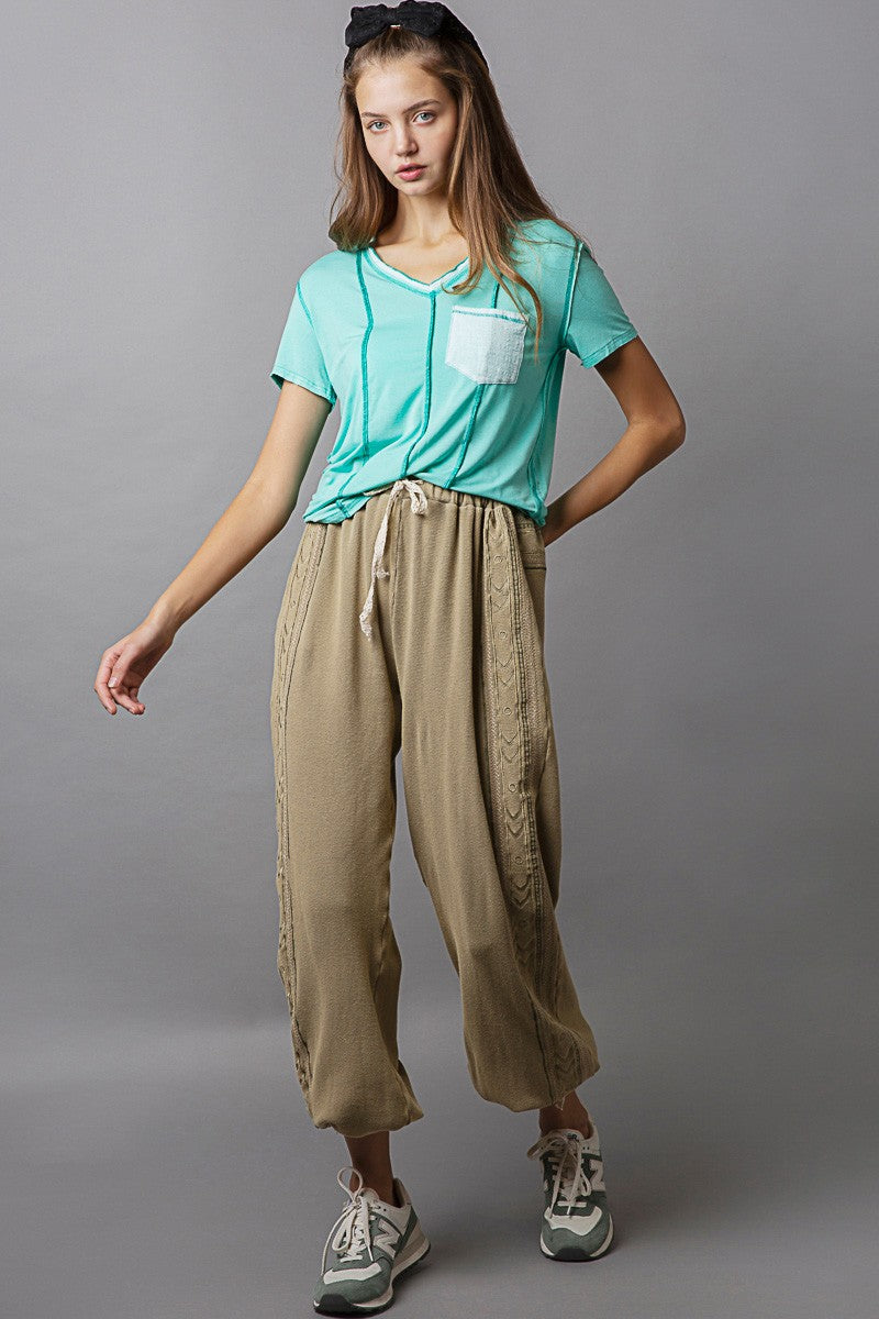 POL Mixed Woven Short Sleeve Front Pocket V Neck Top