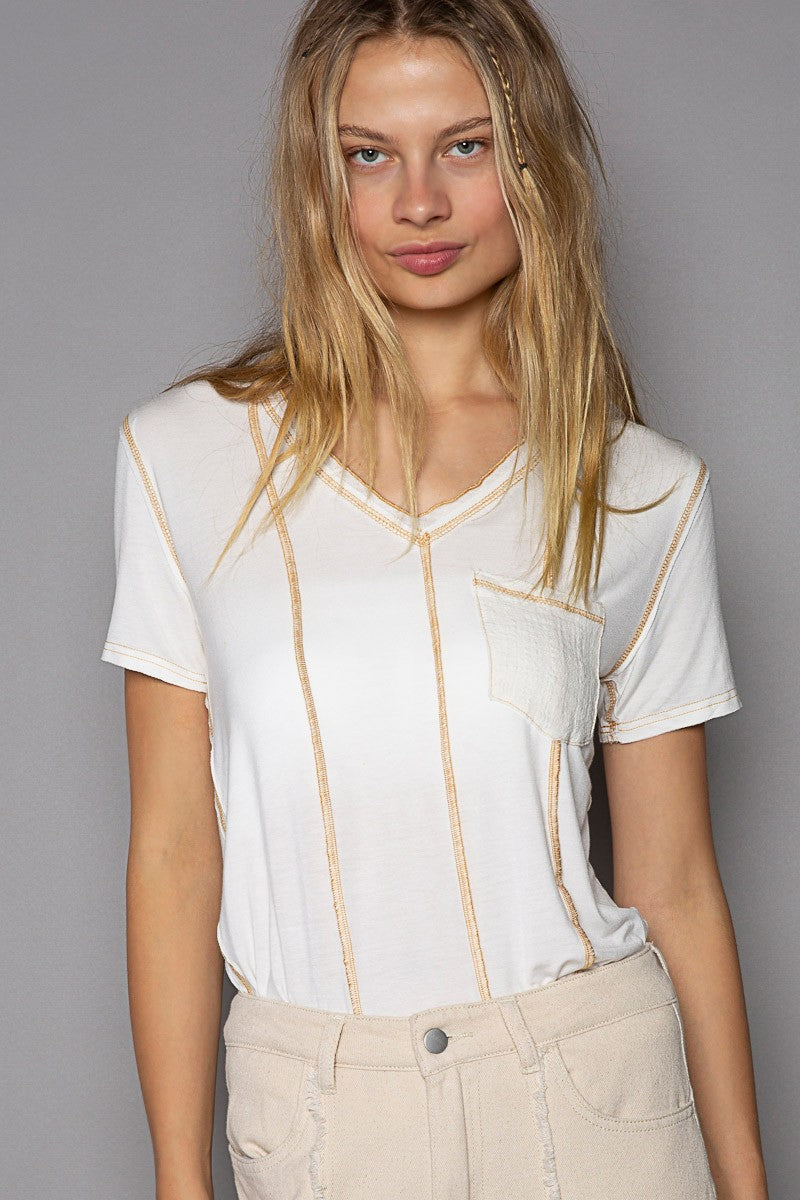 POL Mixed Woven Short Sleeve Front Pocket V Neck Top