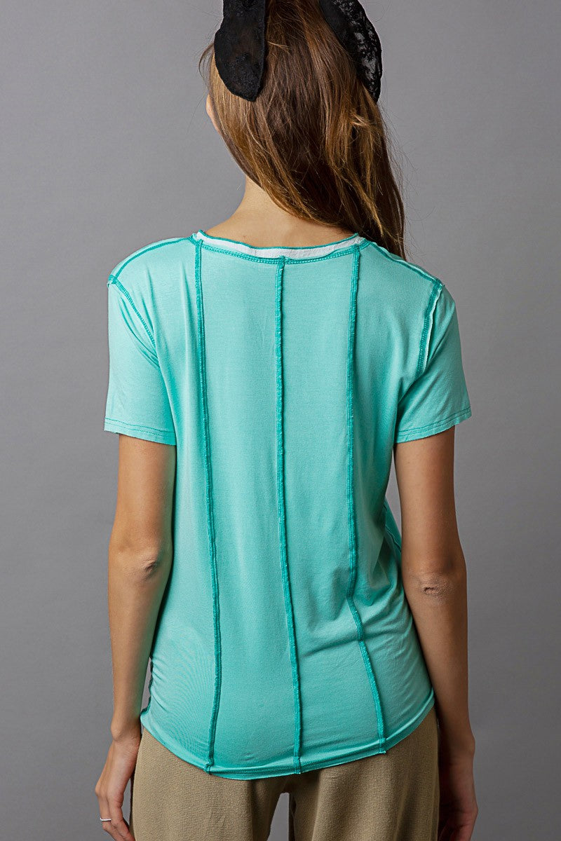 POL Mixed Woven Short Sleeve Front Pocket V Neck Top