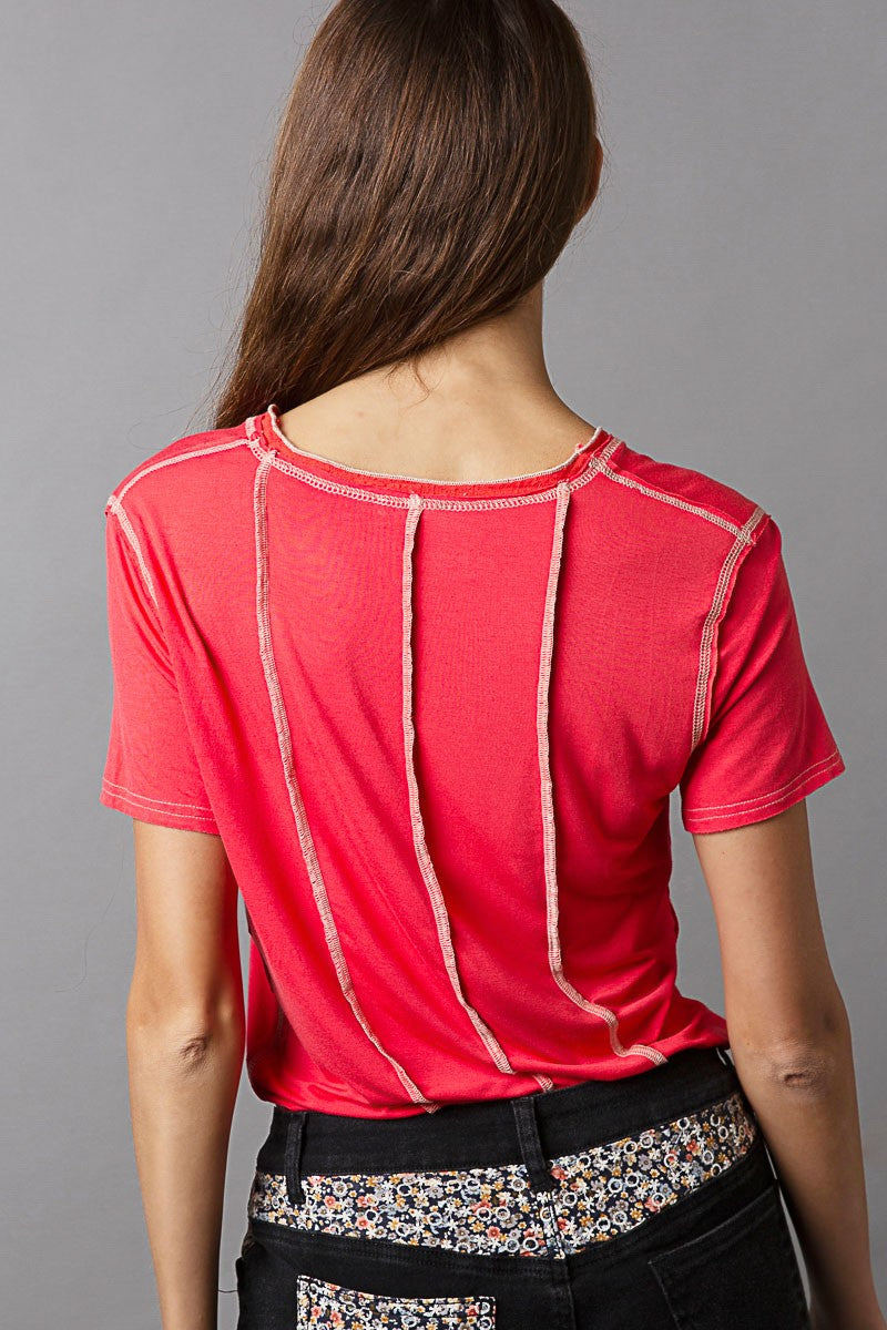 POL Mixed Woven Short Sleeve Front Pocket V Neck Top