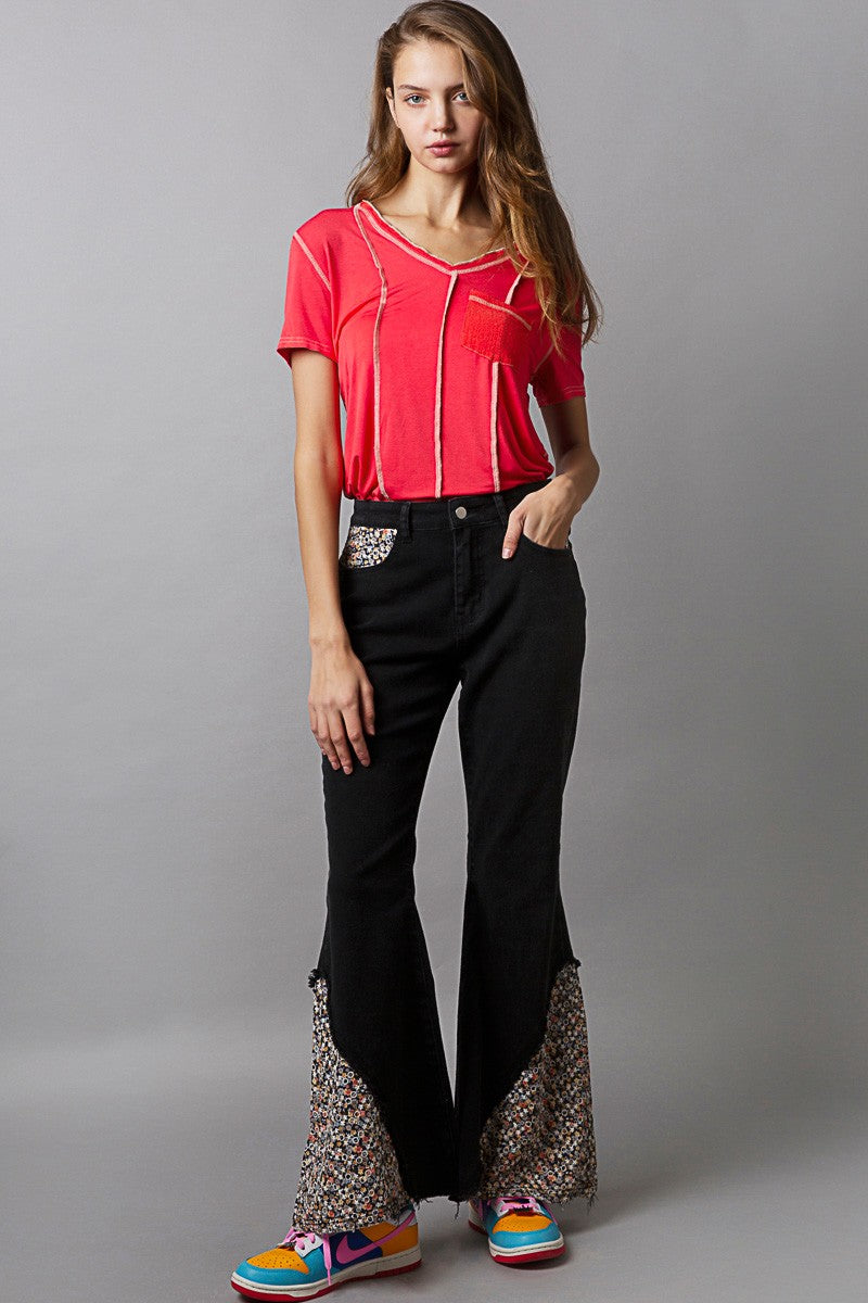 POL Mixed Woven Short Sleeve Front Pocket V Neck Top