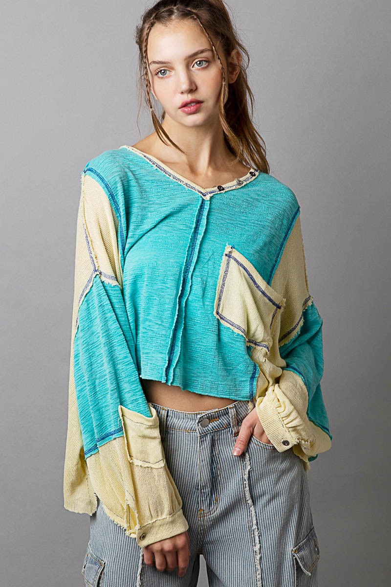 POL Color Block V Neck Balloon Sleeve Cut Sew Slub Top