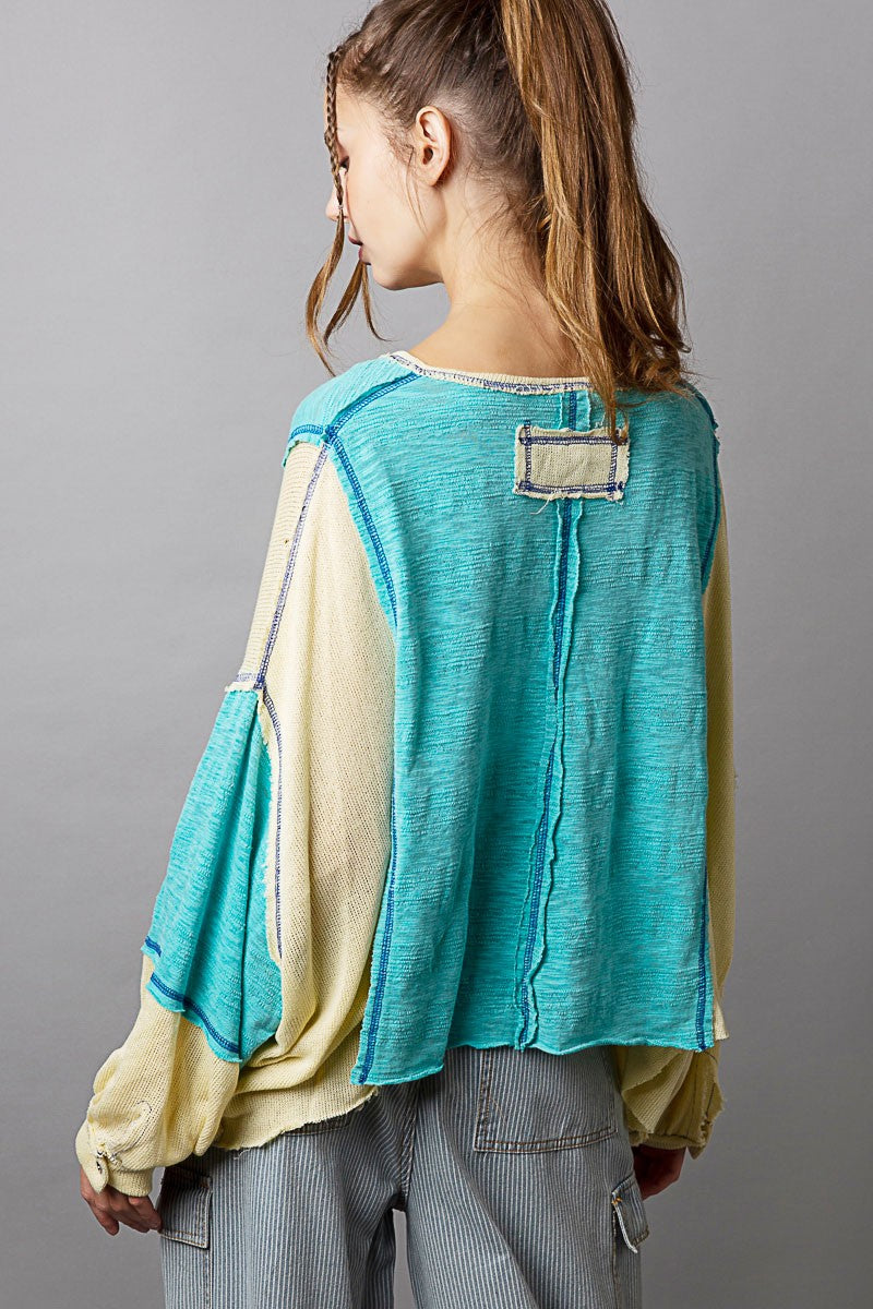 POL Color Block V Neck Balloon Sleeve Cut Sew Slub Top