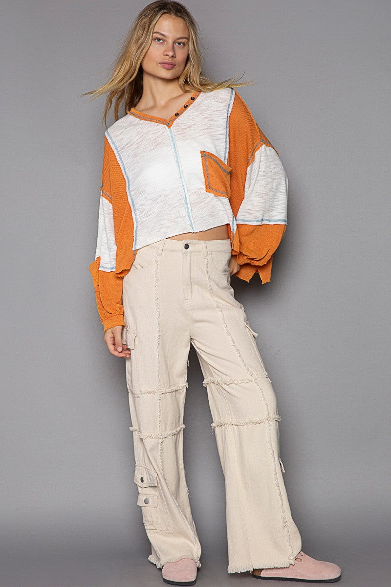 POL Color Block V Neck Balloon Sleeve Cut Sew Slub Top