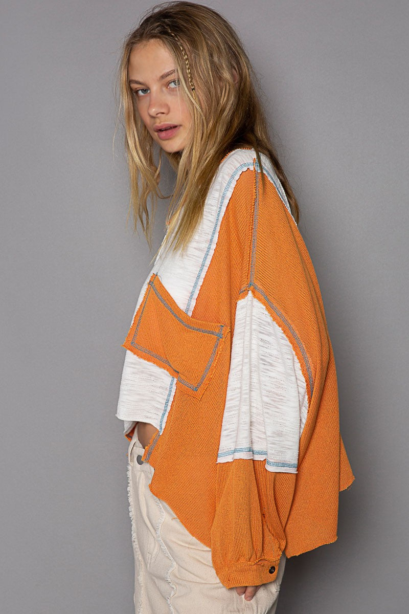 POL Color Block V Neck Balloon Sleeve Cut Sew Slub Top