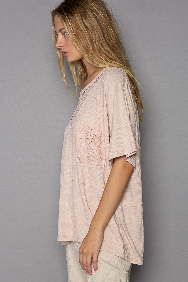 POL Round Neck Short Sleeve Lace Patches Solid Top