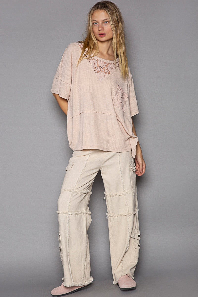 POL Round Neck Short Sleeve Lace Patches Solid Top