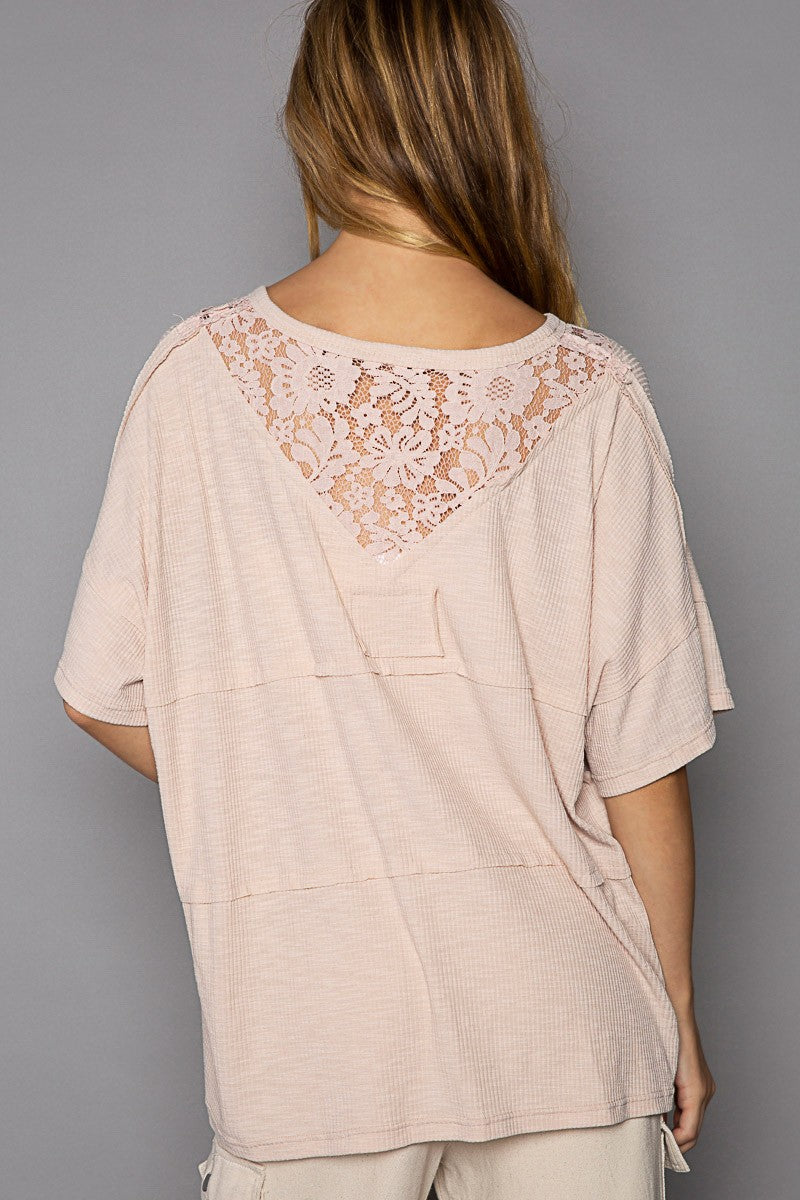 POL Round Neck Short Sleeve Lace Patches Solid Top