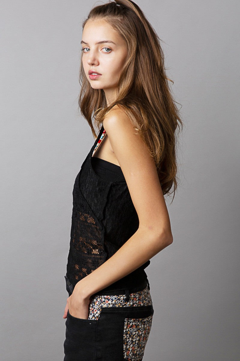 POL Scoop Neck Sleeveless Floral Print Lace Top