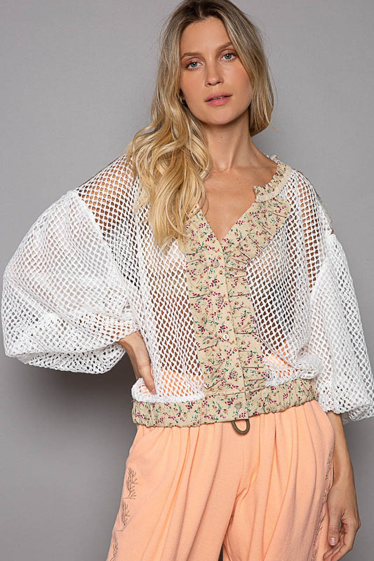 POL Floral Print V Neck Crochet Balloon Sleeve Top