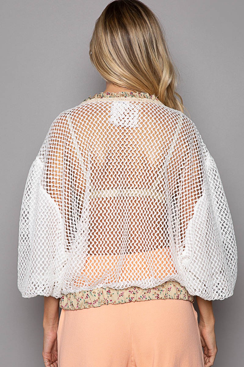 POL Floral Print V Neck Crochet Balloon Sleeve Top