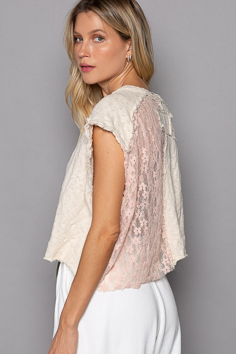 POL Color Block V Neck Textured Knit Raw Edge Crop Top