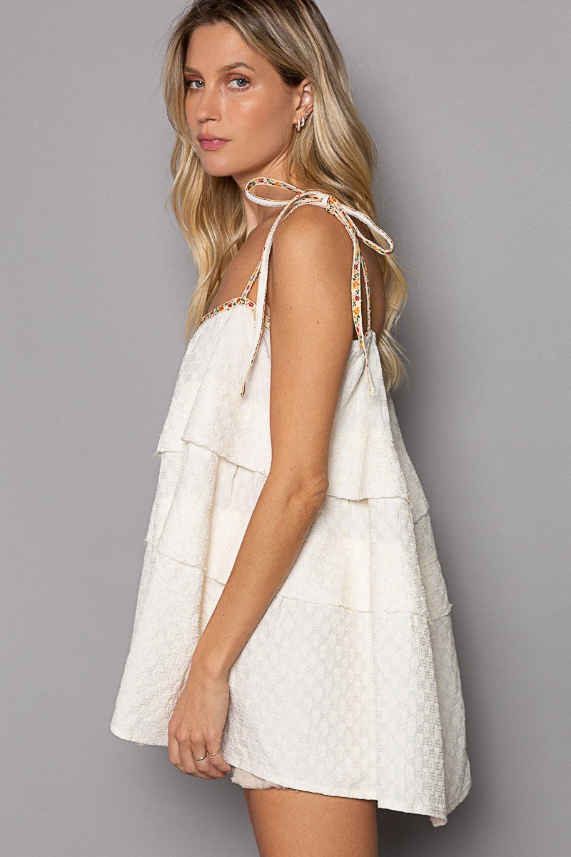 POL Vintage Washed Tieable Strap Texture Woven Top