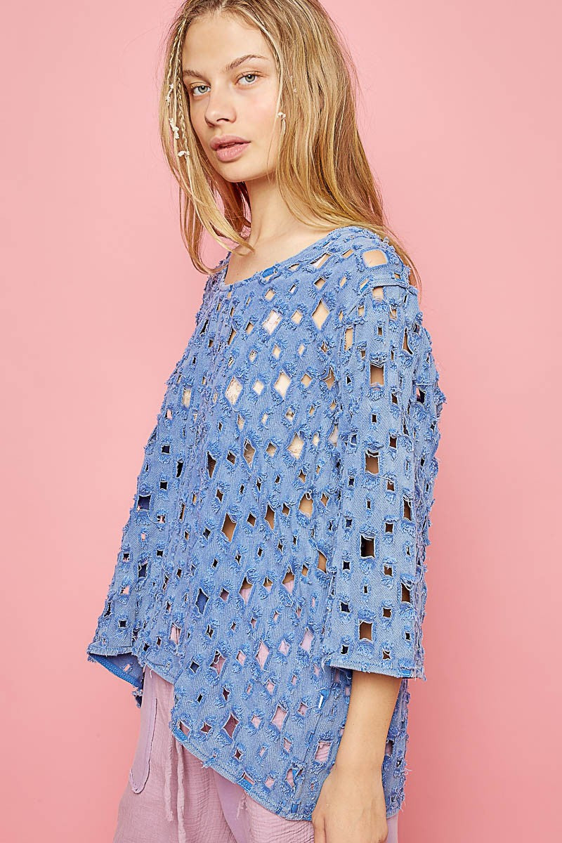 POL Oversize Round Quarter Sleeve See Through Top