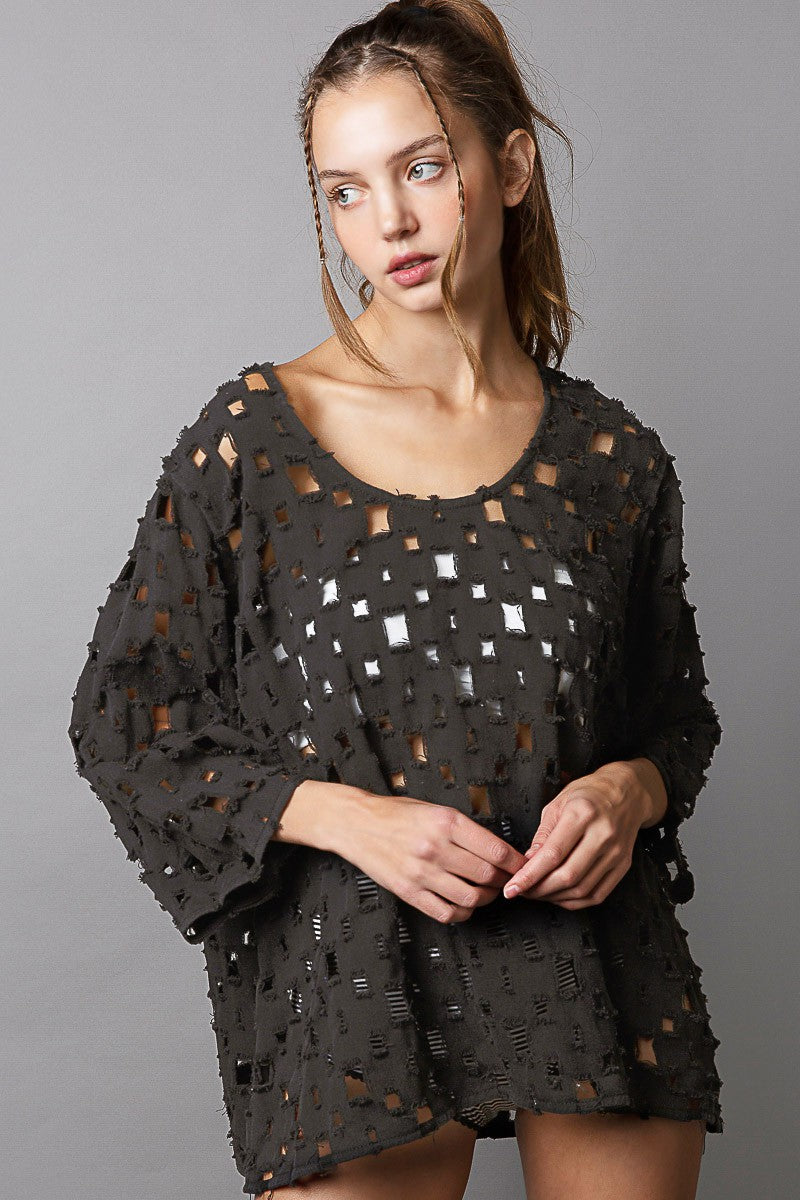 POL Oversize Round Quarter Sleeve See Through Top